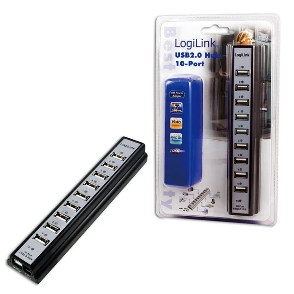 Hub 10 Puertos Usb 2.0 Logilink +F.Alim Ua0096 Con Fuente D