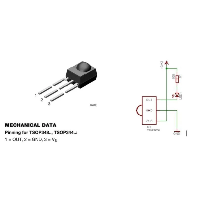 Recetor infravermelhos integrado 38kHz 45° 2.5-5.5