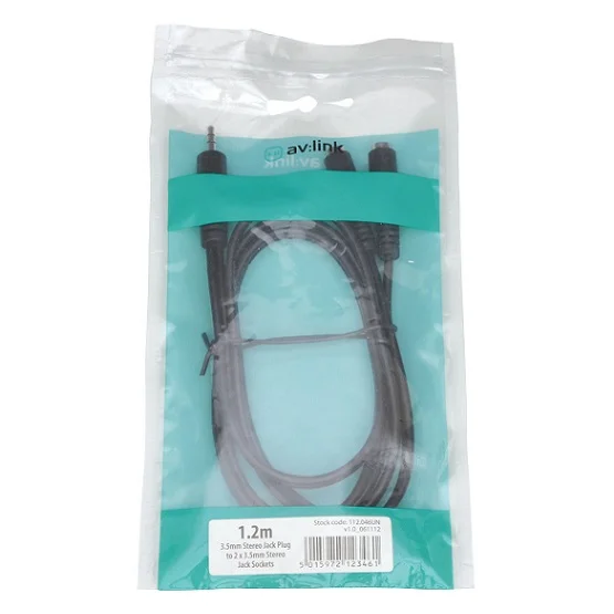 3.5mm Stereo Plug To 2 X 3.5mm Stereo Sockets Lead 1.2m