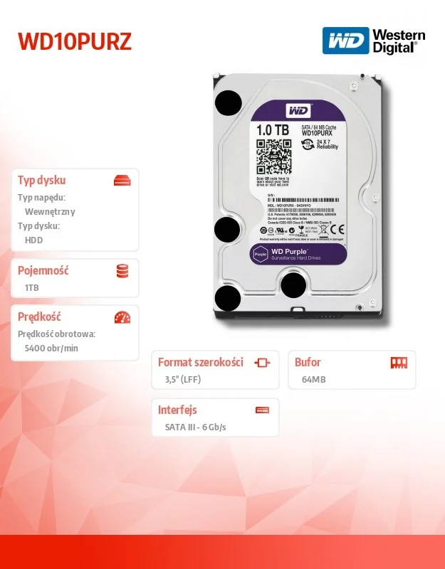 Disco Rígido Interno (Hdd) 3.5p Wd Purple, Wd10purz , 1tb de Capacidade, 64mb de Cache, Sata3 6 Gb/S