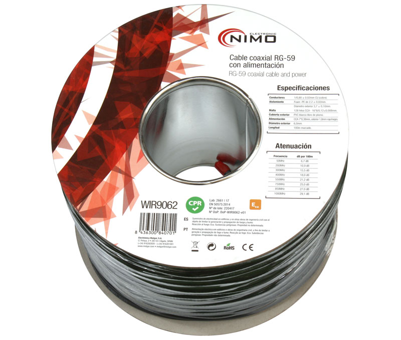 Cabo coaxial RG59 75Ohm 6.10mm+alimenta&ccedil;ao 100m