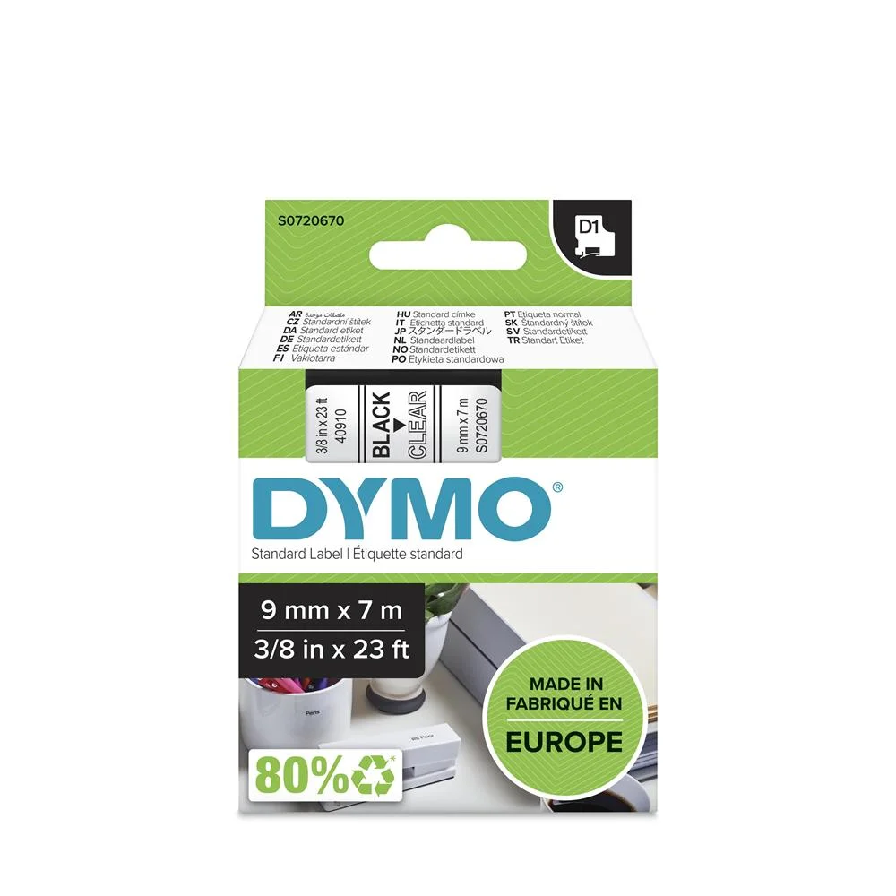 Dymo D1 Label Maker Tape 40910, Black On Transparent (9mm X 7m)