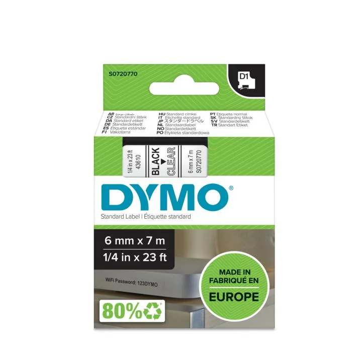 Cinta Rotuladora D1 6mmx7m Negro/Transparente Dym.