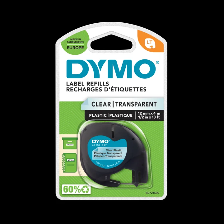 Dymo Letratag-Band, Plastik 12mm X 4m Schwarz->transparent