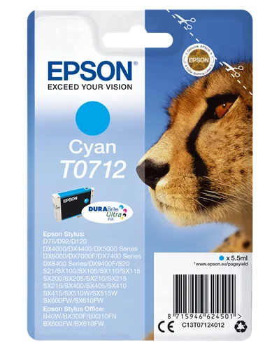 Tinteiro Epson T0712 Ciano - B40/110, Bx3xx/600, D120, Dx74xx/84xx/9400, Sx2xx/4xx5/5xx/6xx