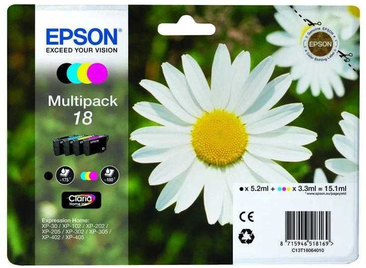 Epson Tinteiro Pack 4 Cores 18 Xp102/Xp205/Xp305/Xp405 C/Alarme