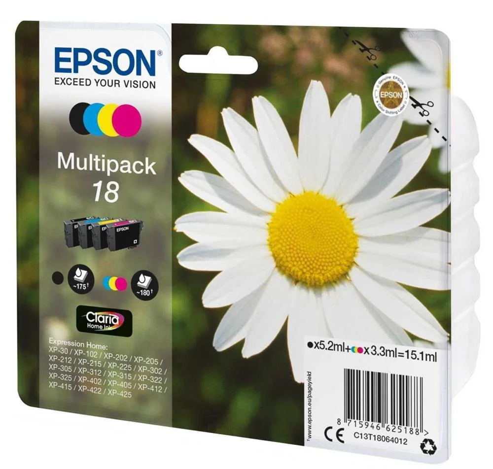 Epson Tinteiro Pack 4 Cores 18 Xp102/Xp205/Xp305/Xp405 C/Alarme