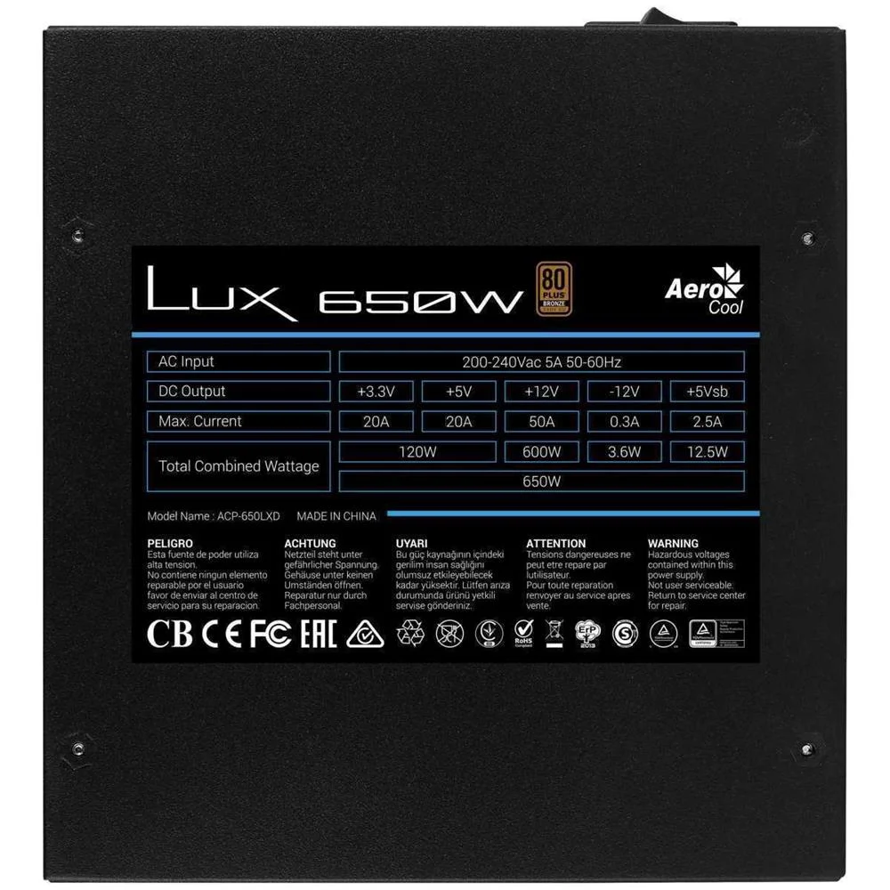 Fuente de Alimentación Aerocool Lux650 Negro 650 W