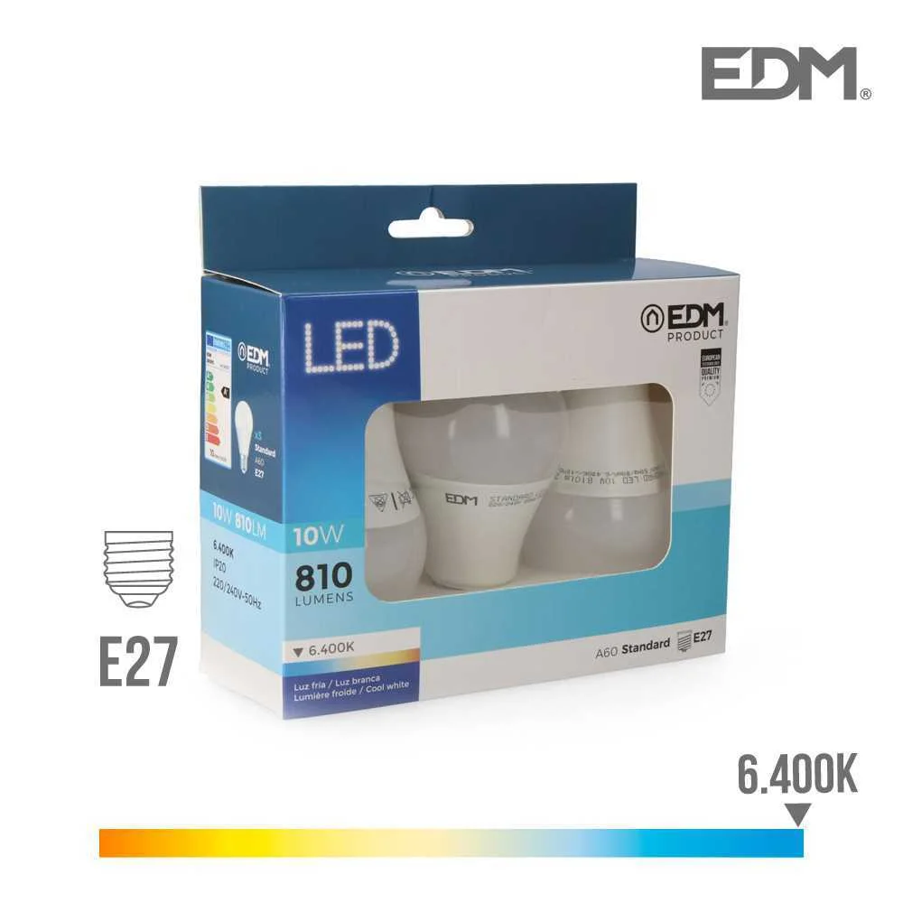 Pack 3 Lâmpadas Led E27 10w 810 Lm 6400k.