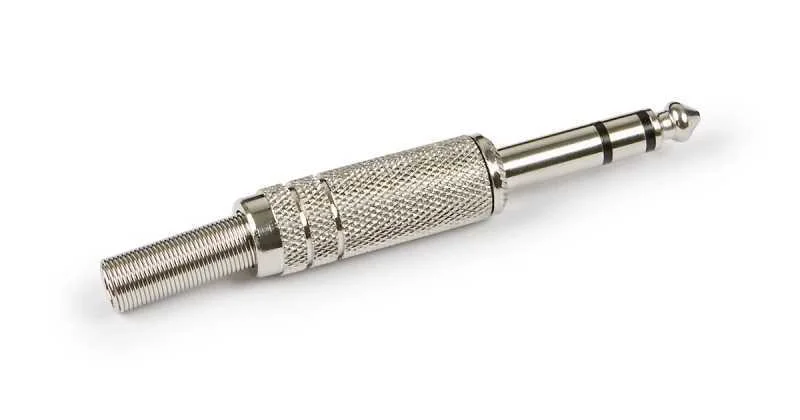 Conetor de Áudio. Jack 6,3 Mm Estéreo Macho. Orifício de Saída para Cabo 6 Mm Ø. Prateado.