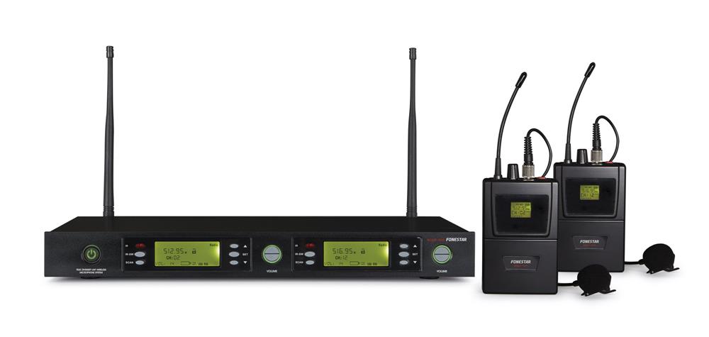 Sistema Sem Fios Uhf. True Diversity. 2 Canais. 2 Transmissores Portáteis com 2 Microfones de Lapela