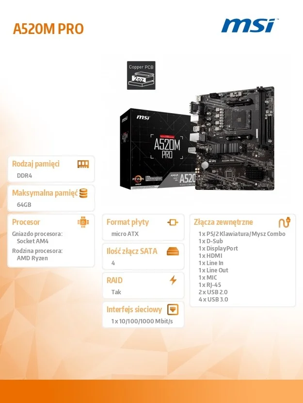 Plyta Gl&oacute;wna Msi A520m Pro Am4 2ddr4