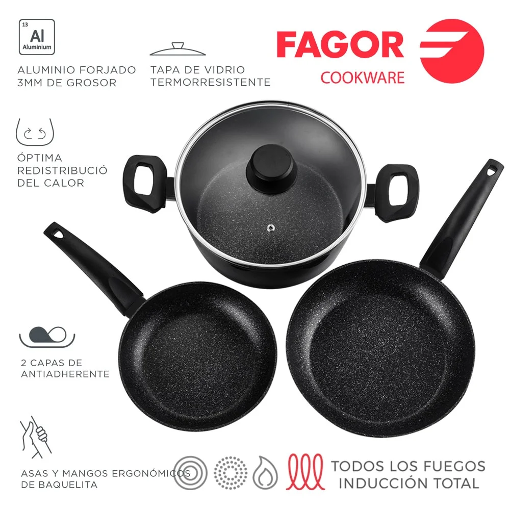 Kit 2 Frigideiras + 1 Panela Vivant Preta Alumínio 3004 Fagor