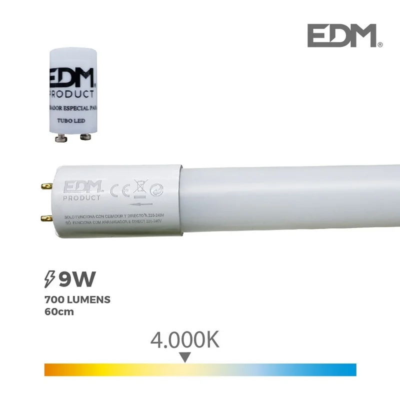 Tubo LED T8 9w 900lm 4000k Luz do Dia (Eq.18w) Ø2,6x60cm Edm
