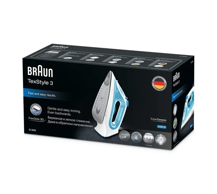 BRAUN TEXSTYLE 3 STEAM IRON SI 3053 BLUE, BASE DE.