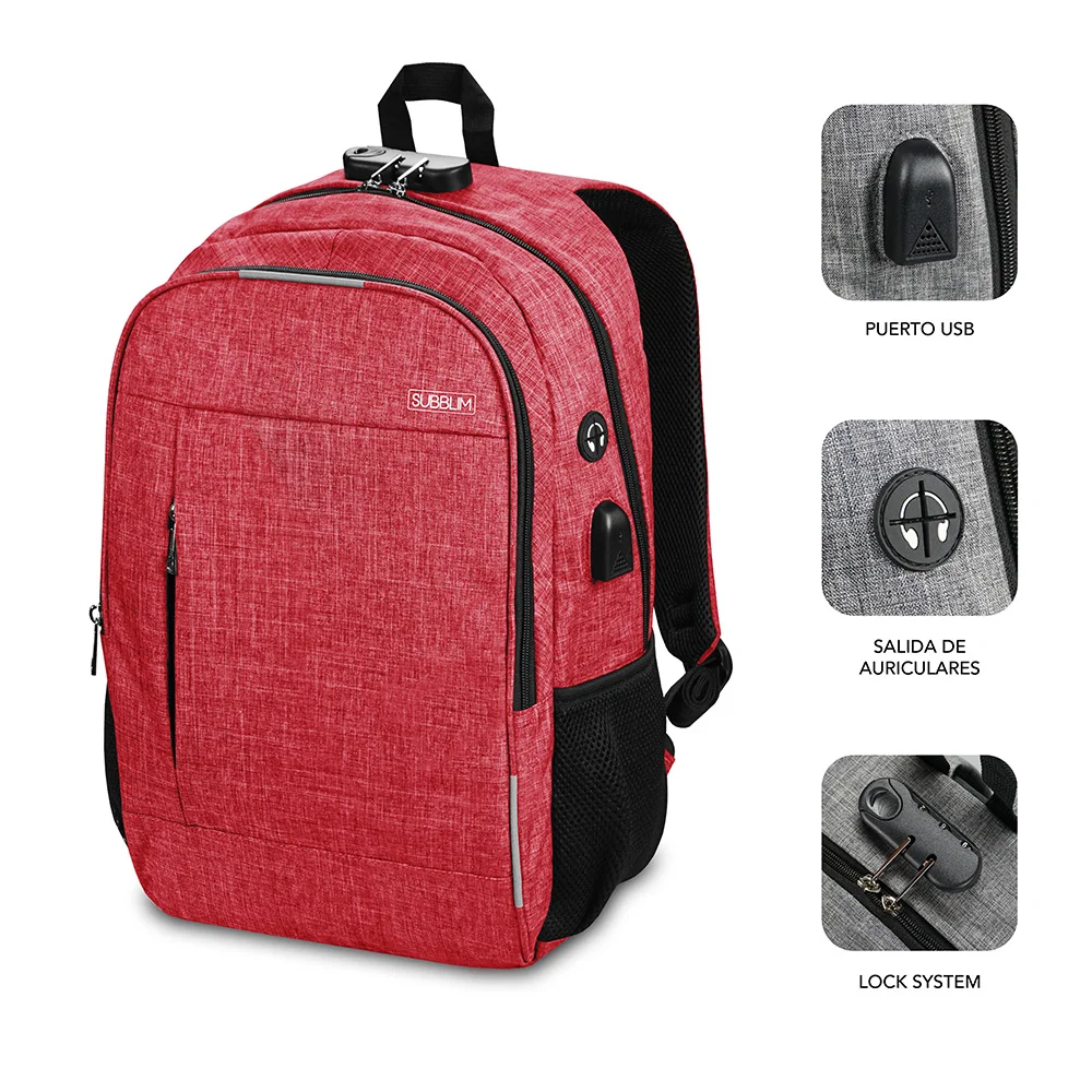Mochila Subblim Urban Lock para Portátiles Hasta 16"/ Puerto Usb/ Antirrobo/ Rojo