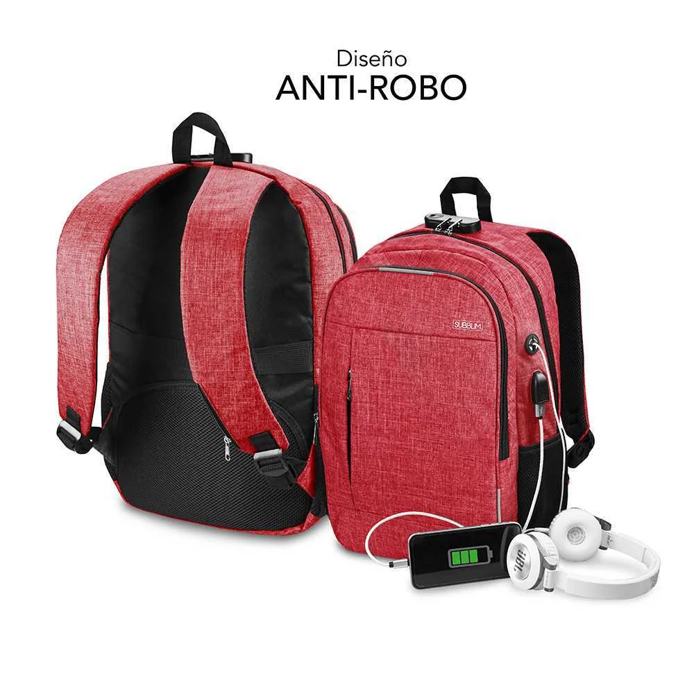 Mochila Subblim Urban Lock para Portátiles Hasta 16"/ Puerto Usb/ Antirrobo/ Rojo