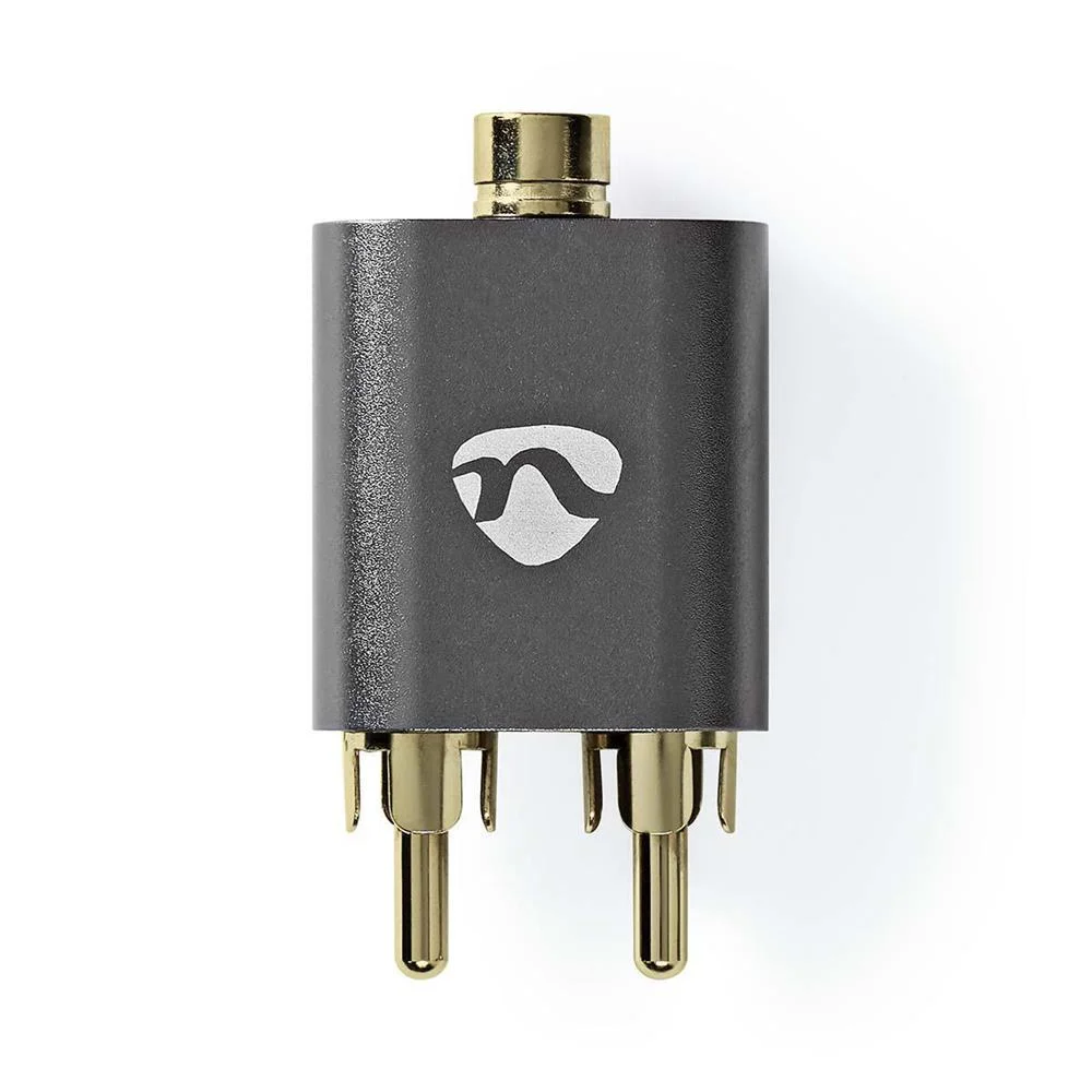 Adaptador de Audio Estéreo | 2x Rca Macho | 3.5 Mm Hembra | Chapado En Oro | Recto | Aluminio | Gris