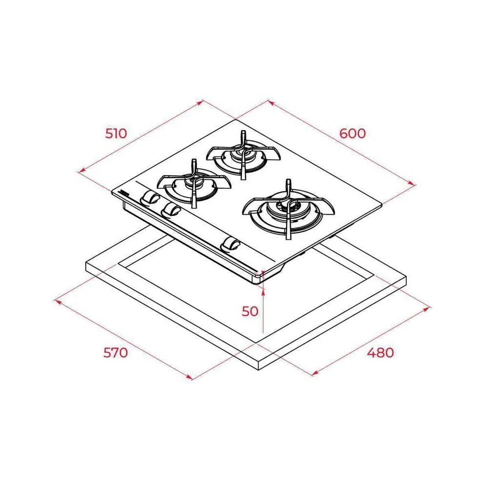 Gas Hob Gbc 63010 Kbn 3 Zones 6250w (Black) - Teka