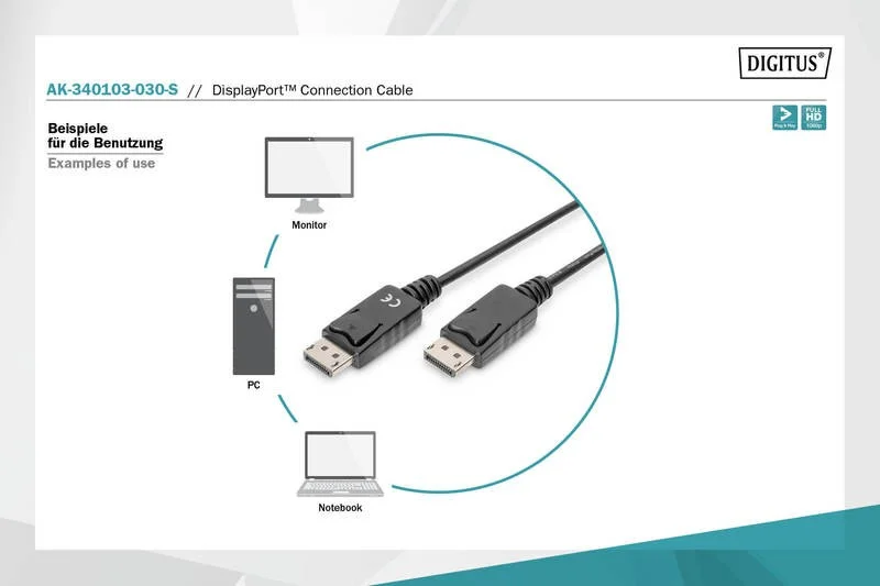 Cable Digitus Video Displayport Dp M/M 3m W/Inter.