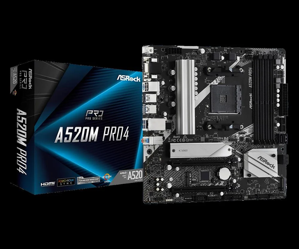 Motherboard Asrock A520m Pro4, Amd Am4, 4xddr4, 2xm.2, 4xsata, 2xpcie X16, 1xm.2 Wifi/Bt, Lan, D-Sub