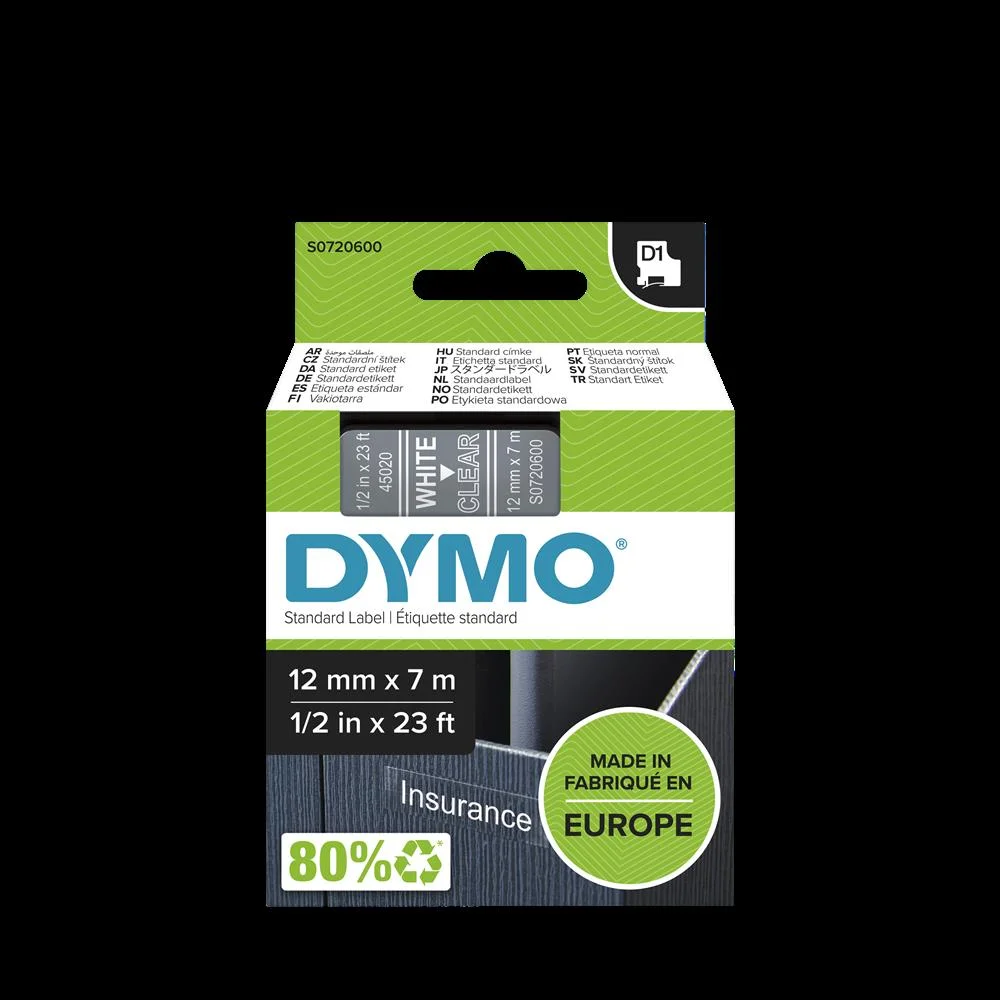 Dymo D1 Label Maker Tape 45020, White On Transparent (12mm X 7m)