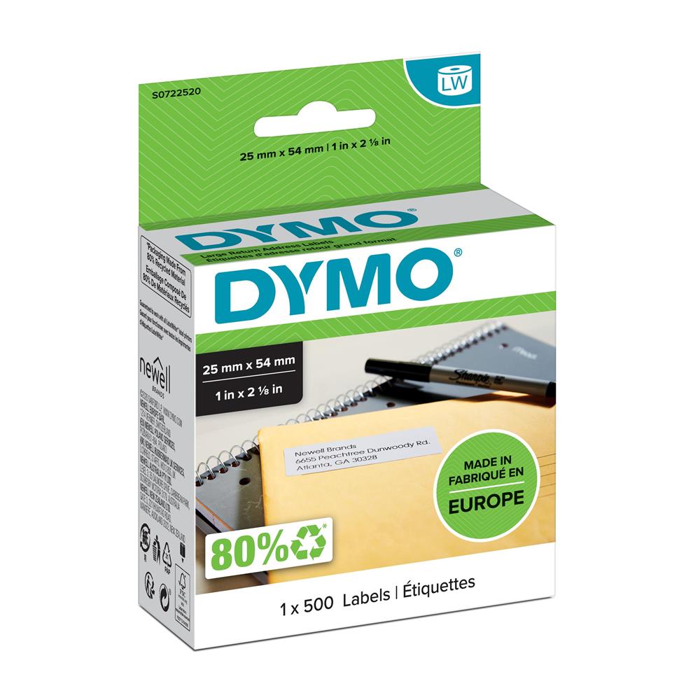 Dymo Lw Return Address Labels Large (1x500 Labels), White Permanent (25mm X 54mm)