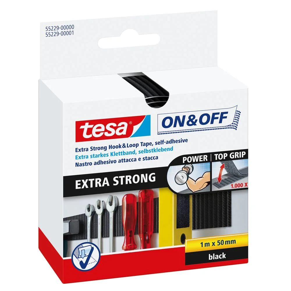 Tesa On&Off Extra Strong Klettband Schwarz 1m 50mm