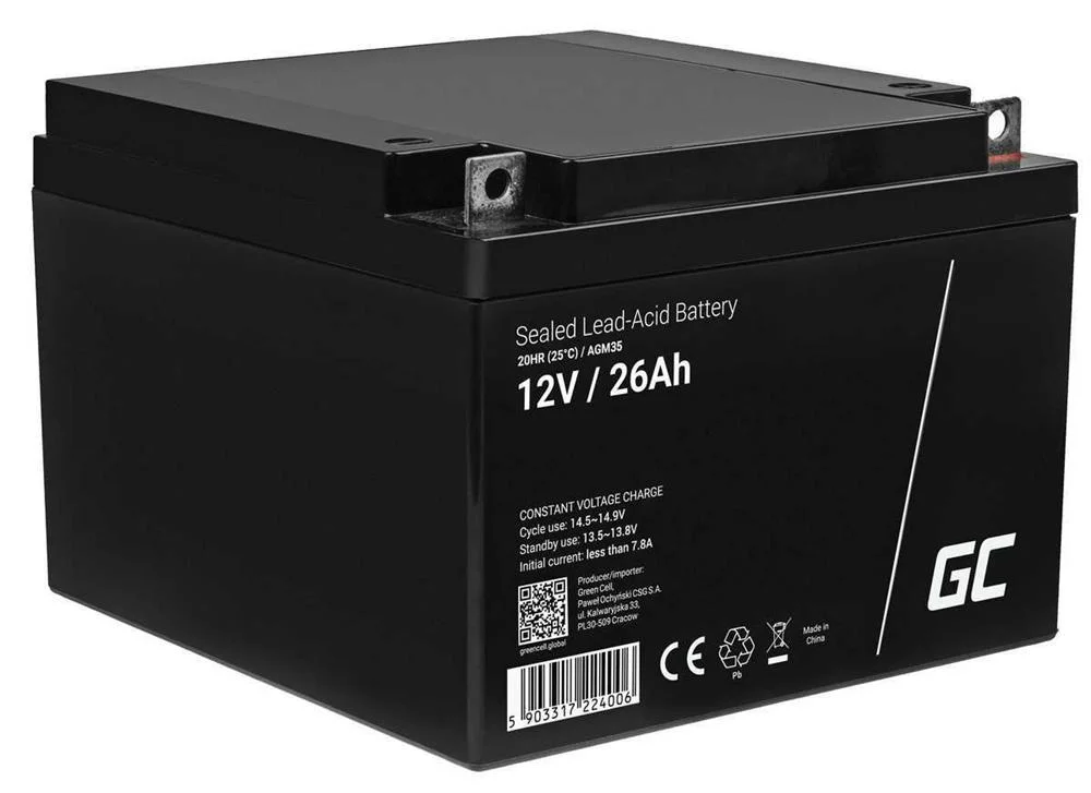 Green Cell Agm Vrla 12v 26ah Maintenance-Free Battery For Mower, Scooter, Boat, Wheelchair