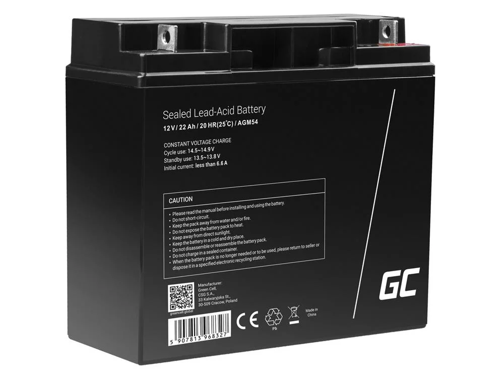 Green Cell Agm Vrla 12v 22ah Maintenance-Free Battery For Boats, Scooters, Toys, Wheelchairs