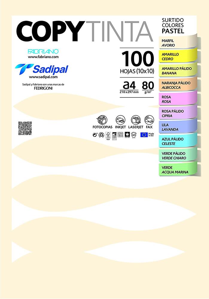 Paquete 100 Hojas A4 80g Colores Surtidos Pastel (10 Hojas X Color) Fabriano 11302