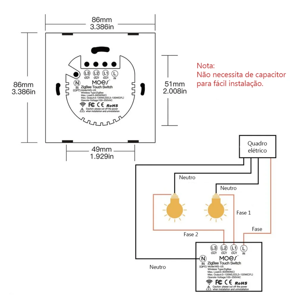 Interruptor De Luz 2 Gang Zigbee Touch de Parede Z