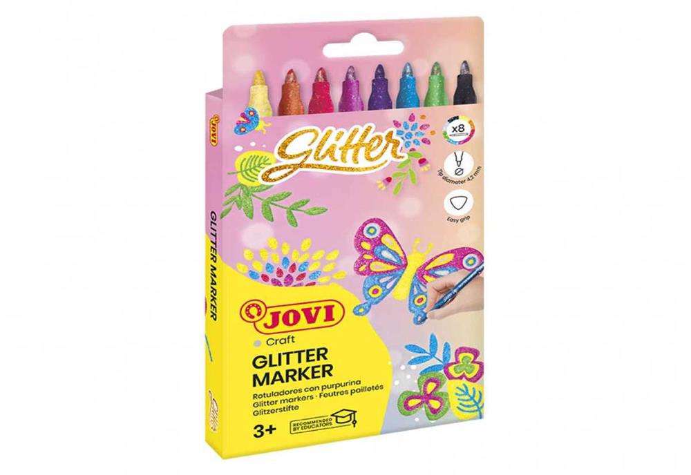 CAIXA DE 8 MARCADORES DE GLITTER, CORES ASSOCIADAS