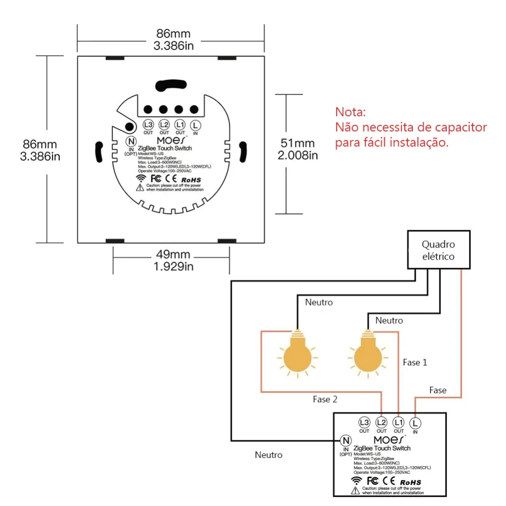 Interruptor de Luz Táctil 3 Canales Zigbee