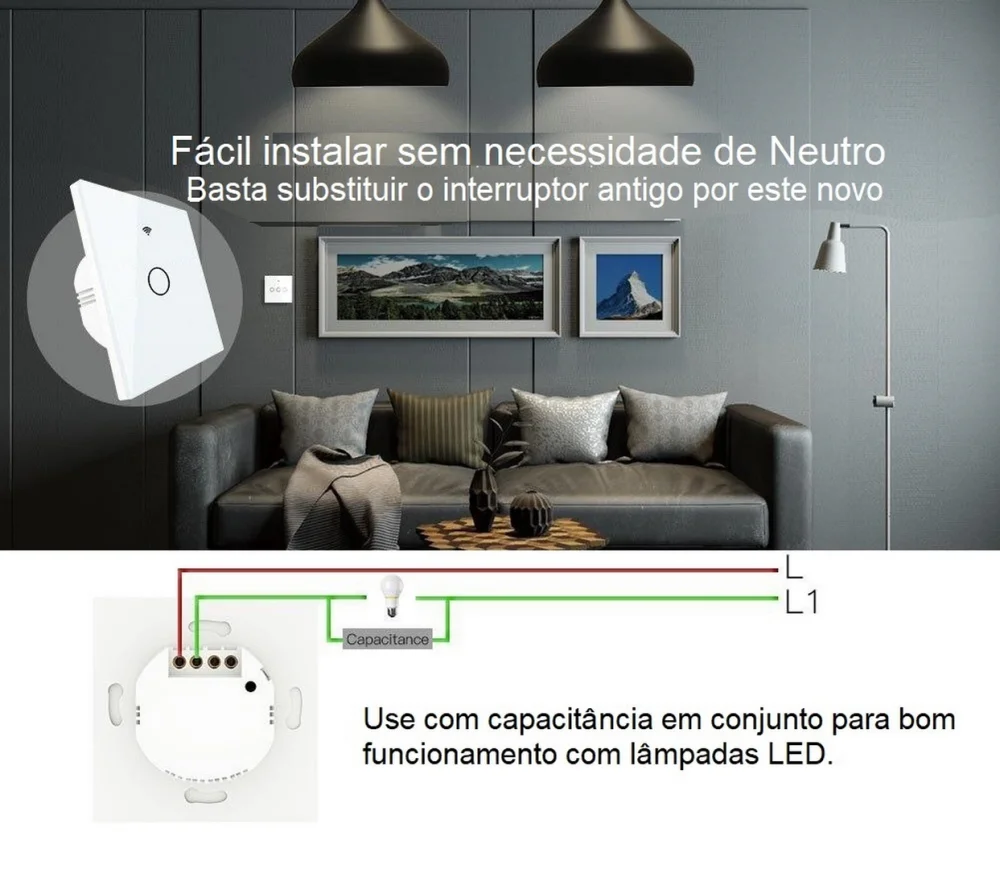 Interruptor WiFi + RF433 de Parede Touch Vidro 1CH