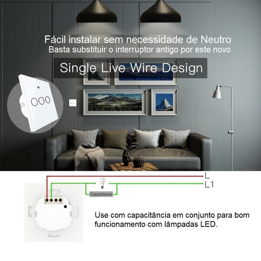 Interruptor Wifi + Rf433 de Parede Touch Vidro 3ch