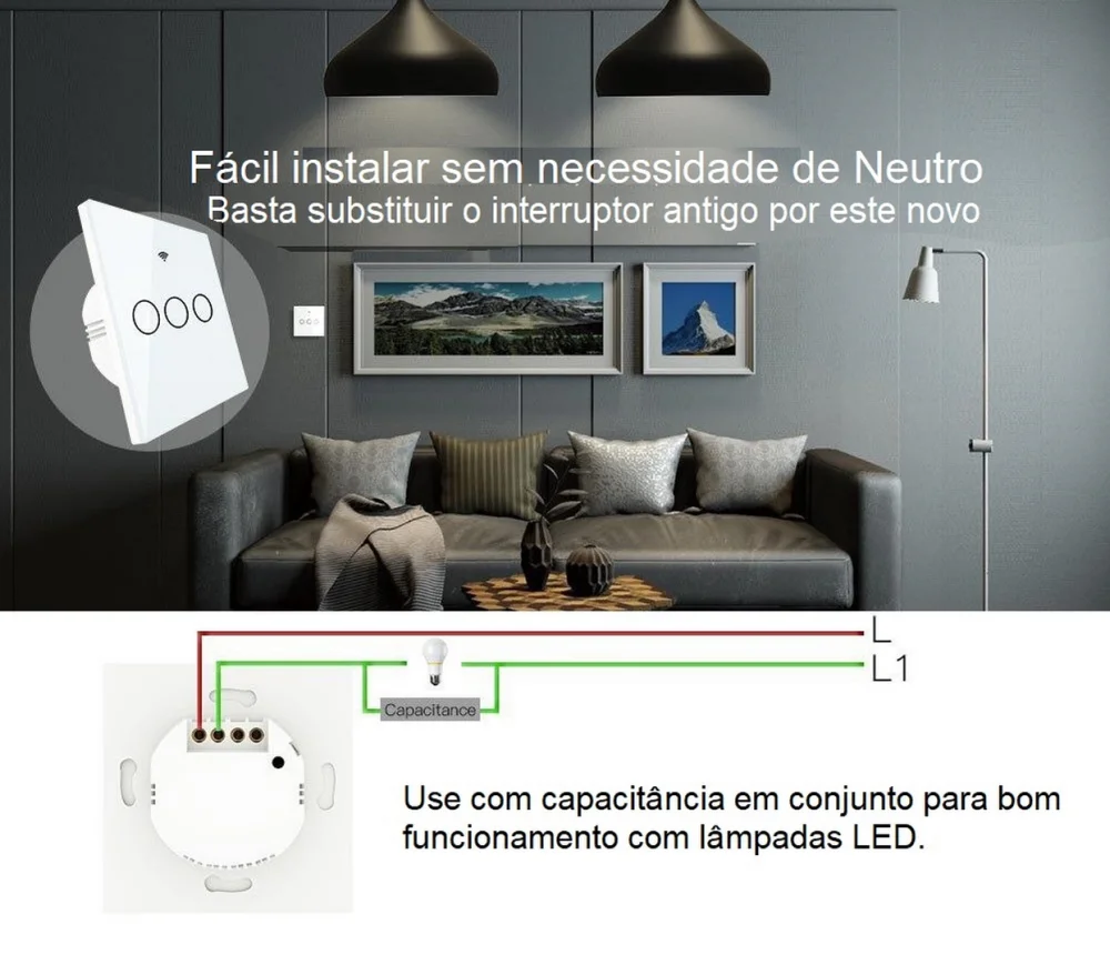 Interruptor Wifi + Rf433 de Parede Touch Vidro 3ch