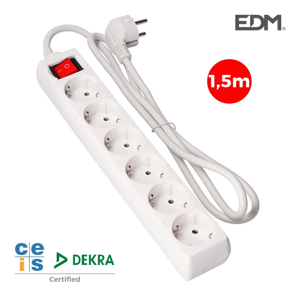Bloco 6 Tomadas Schuko com Interruptor 1,5m 3x1,5.