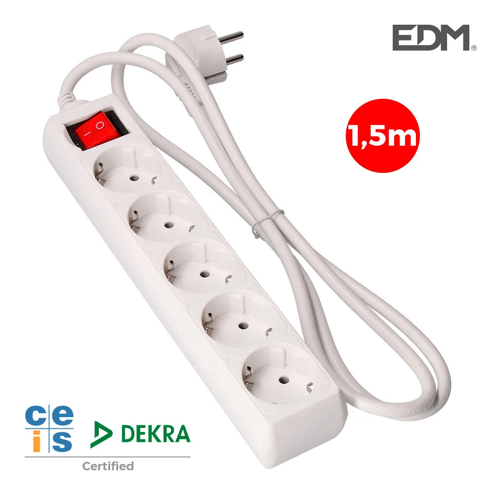 Bloco 5 Tomadas Schuko com Interruptor 1,5m 3x1,5.