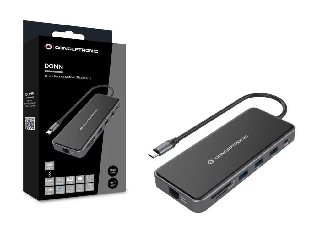 Placa de Rede Externa Gigabit Usb-C Macho C/ Hub Usb + 2x Hdmi + Vga + Leitor Cartões - Conceptronic