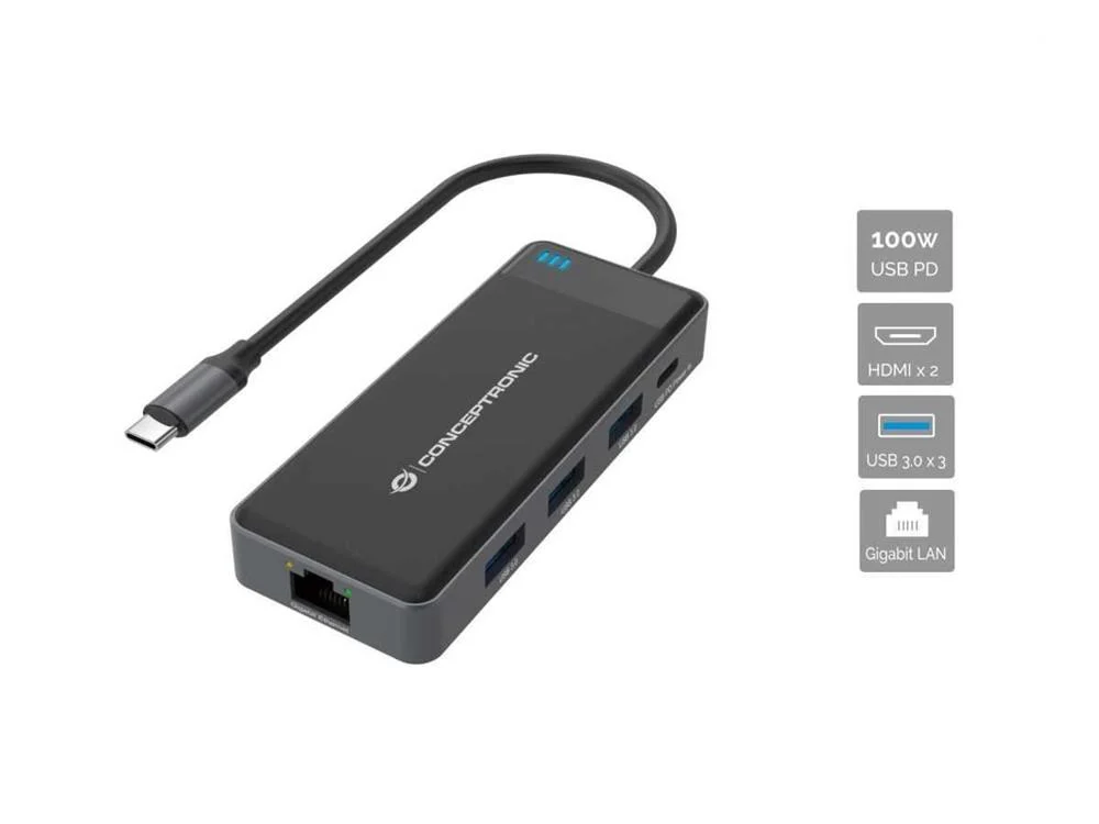 Conceptronic Dock Usb-C->2xhdmi,Gbe,3xusb3.0,100wpd 0.25m Gr