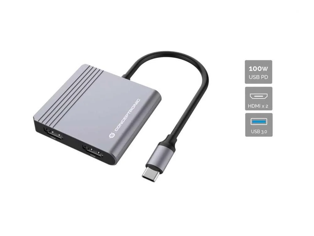 Conceptronic Dock Usb-C->2xhdmi,1xusb3.0,100wpd     0.25m Gr
