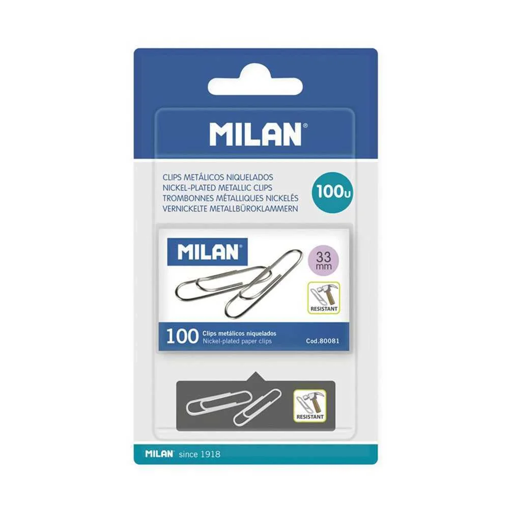 Blíster 1 Caixa de 100 Clips Metálicos 33mm Milan