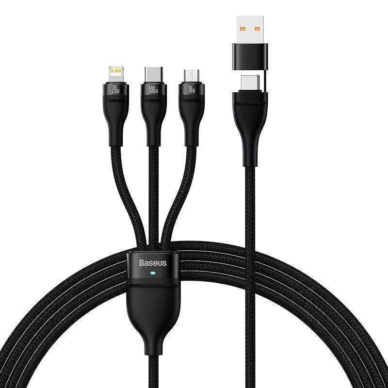Cabo Adaptador Baseus Flash Series Usb-A/C 3-Em-1 P/ Microusb/Usb-C/Lightning Pd 100w 1.2m Preto