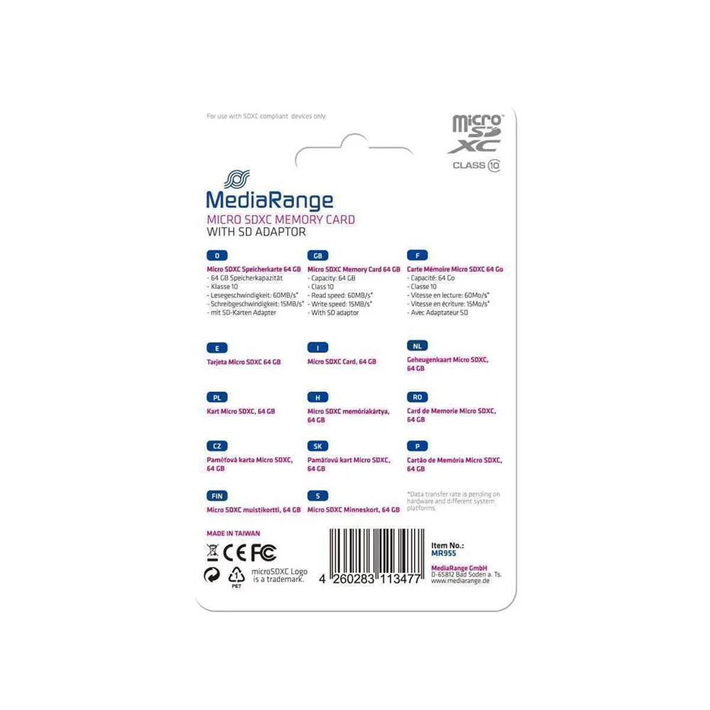 Mediarange Sd Microsd Card 64gb Sd Cl.10 Inkl. Adapter
