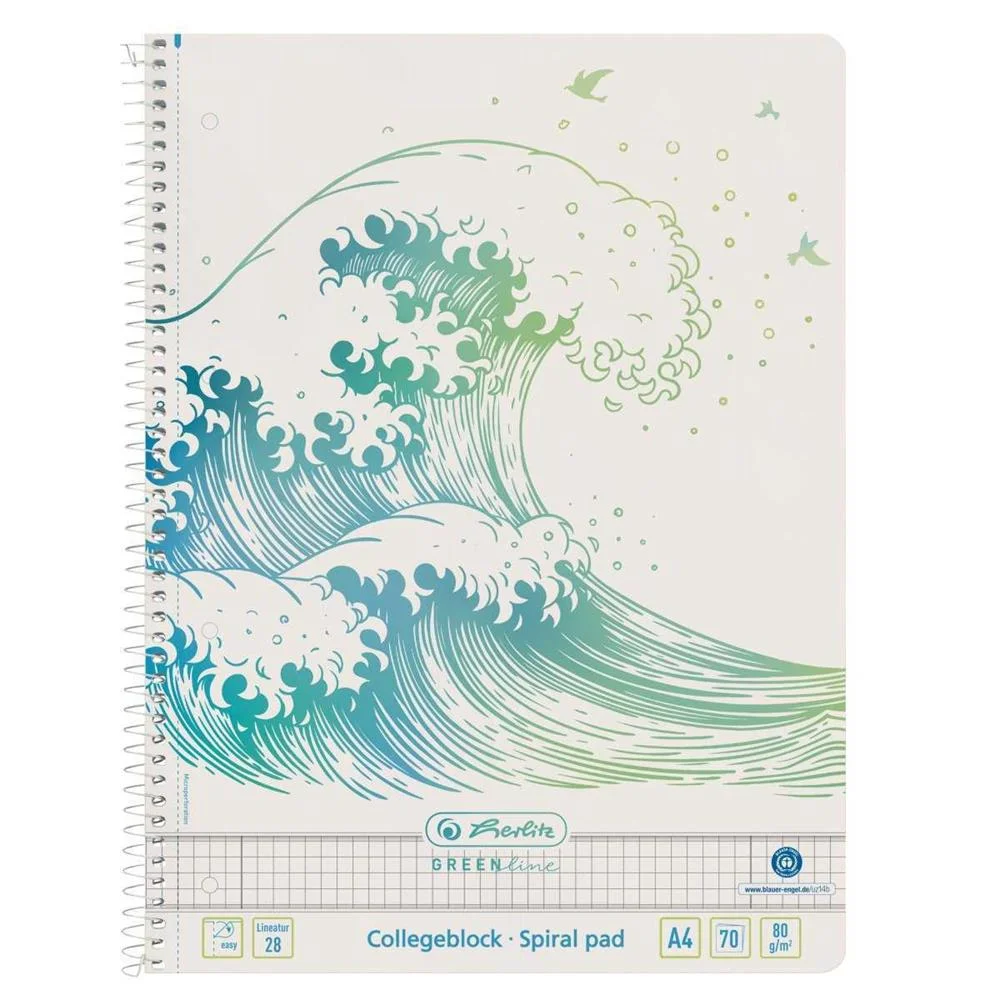 Herlitz Spiralblock A4 70 Bl. Liniert 28 Greenline Welle