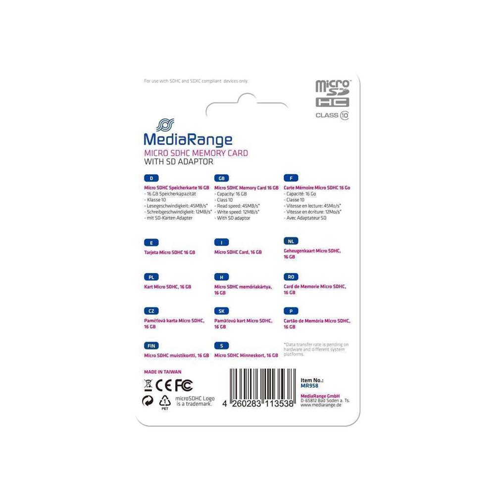 Mediarange Sd Microsd Card 16gb Sd Cl.10 Inkl. Adapter
