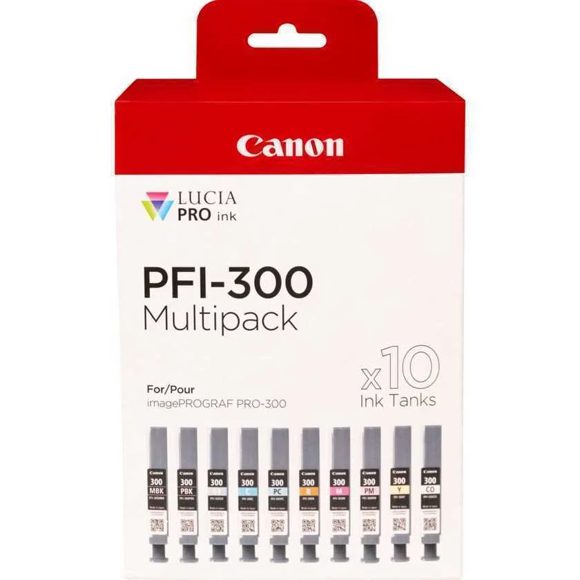 Pack 10x Tinteiros Pfi-300 Preto / Azul / Ciano / Cinzento / Magenta / Vermelho - Canon