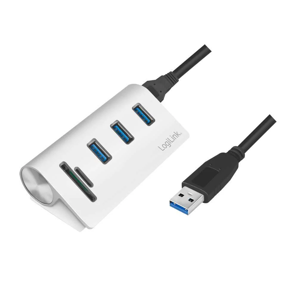 Logilink Usb 3.0 Hub 3-Port, Mit Kartenleser, Alu, Silber