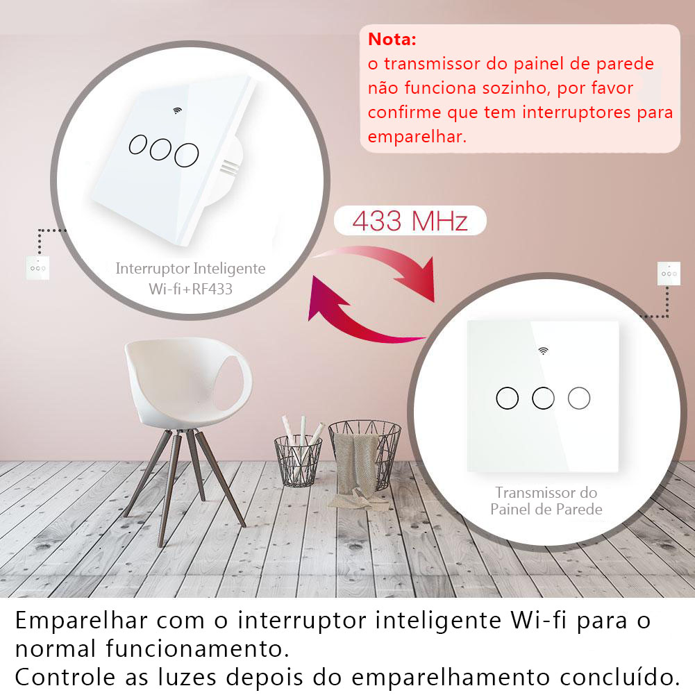 Interruptor Sem Fios 3 Canais Rf433 Preto